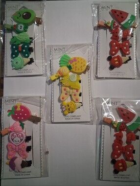 Mint Pink Strawberry & Bunny Kids Hair Clip Set